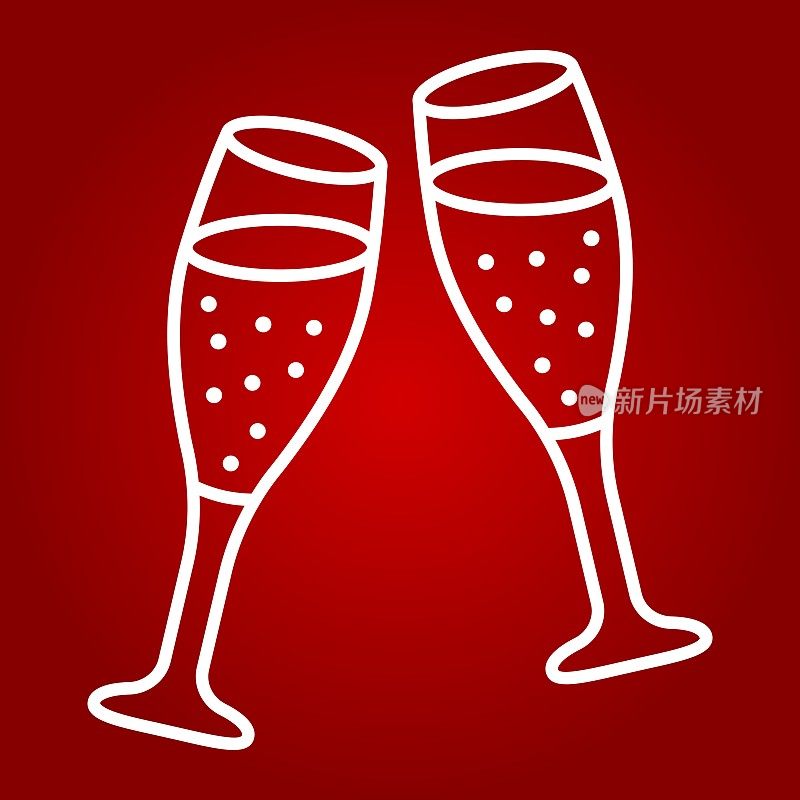 两杯香槟线图标，情人节和浪漫，庆祝符号矢量图形，一个红色的线性模式的背景，eps 10。